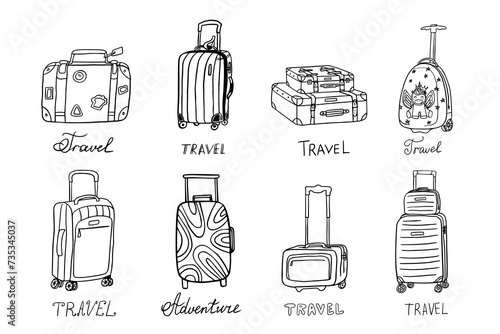 Set of types of suitcases. Travel suitcases, luggage, children's suitcase, carry-on bag, makeup case, small suitcase on wheels, weekend bag, outsize suitcase. Travel design. Hand drawn. Doodle style.