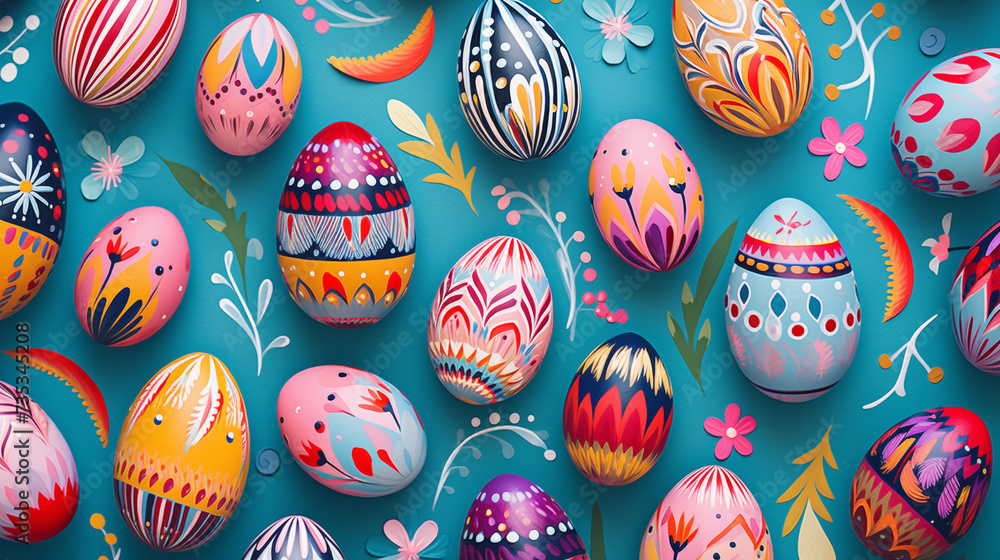 Vibrant Patterned Easter Eggs on Teal Background