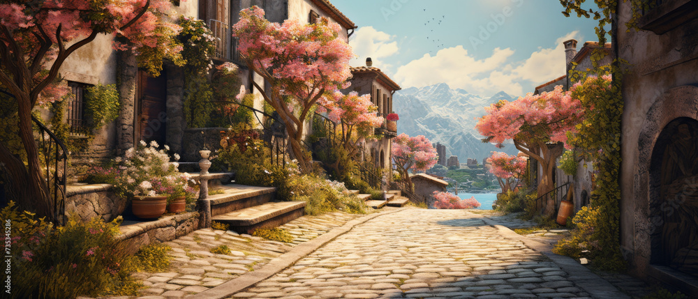 Fototapeta premium Historic cobblestone alley with blooming flowers