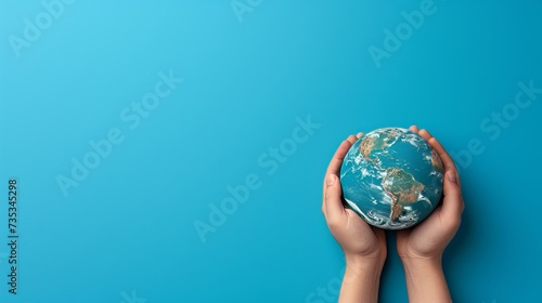 Caring hands cradling miniature earth on blue background, symbolizing responsibility for our planet