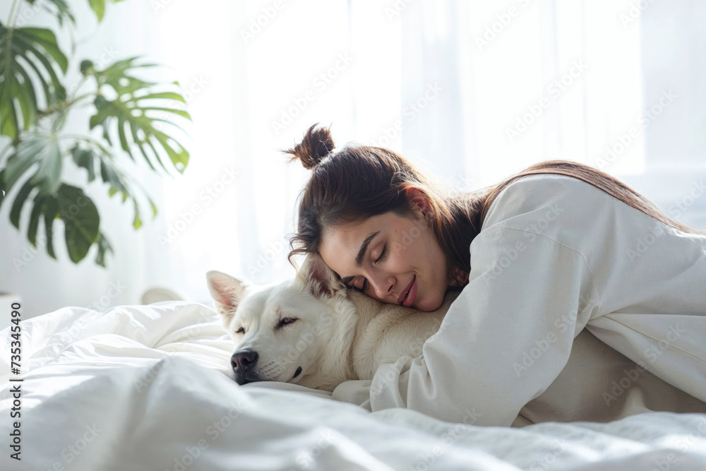 A peaceful moment captured, as a woman and her loyal dog lay together on a white bed, their faces intertwined in a bond of unconditional love and companionship A peaceful moment captured, as a woman and her loyal dog lay together on a white bed, their faces intertwined in a bond of unconditional love and companionship