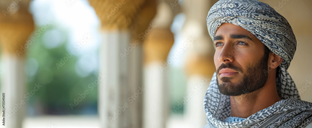 Young arab man in national clothes and turban Muslim. Portrait of a handsome Muslim man in close-up - obrazy, fototapety, plakaty 