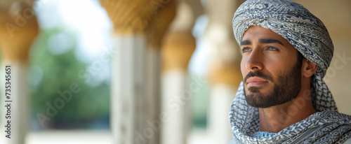 Young arab man in national clothes and turban Muslim. Portrait of a handsome Muslim man in close-up photo