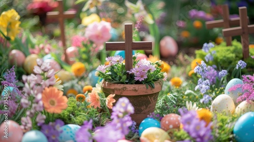 Beautiful view of colorful easter egg, wooden crosses and spring flowers