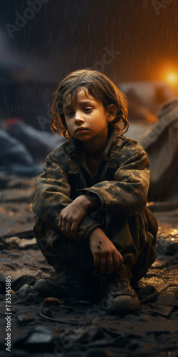 Pensive child sitting on rubble under rain with a sunset backdrop, embodying the quiet strength amidst chaos