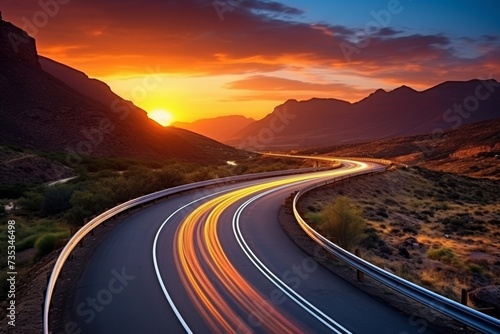 Gorgeous golden hour landscape. vibrant traffic illuminated by the setting sun on the highway