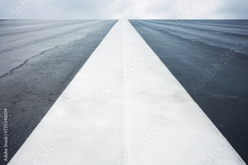 Scenic black asphalt road surrounded by white dividing lines leading through urban landscape