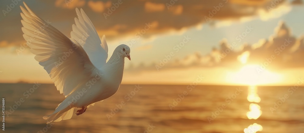 Symbol of Peace. A White Dove Soaring with Freedom Amidst Sunset's Wide Sky Background.