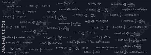 School and university notes on exercises, equations and formulas of logarithms, derivatives, trigonometric, logarithmic, hyperbolic and inverse on a black chalkboard background