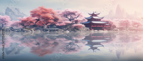 Cherry Blossoms at a Traditional Japanese Pagoda Landscape