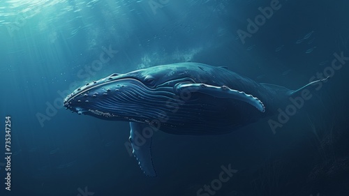 A Baby Humpback Whale Plays Near the Surface in Blue Water 