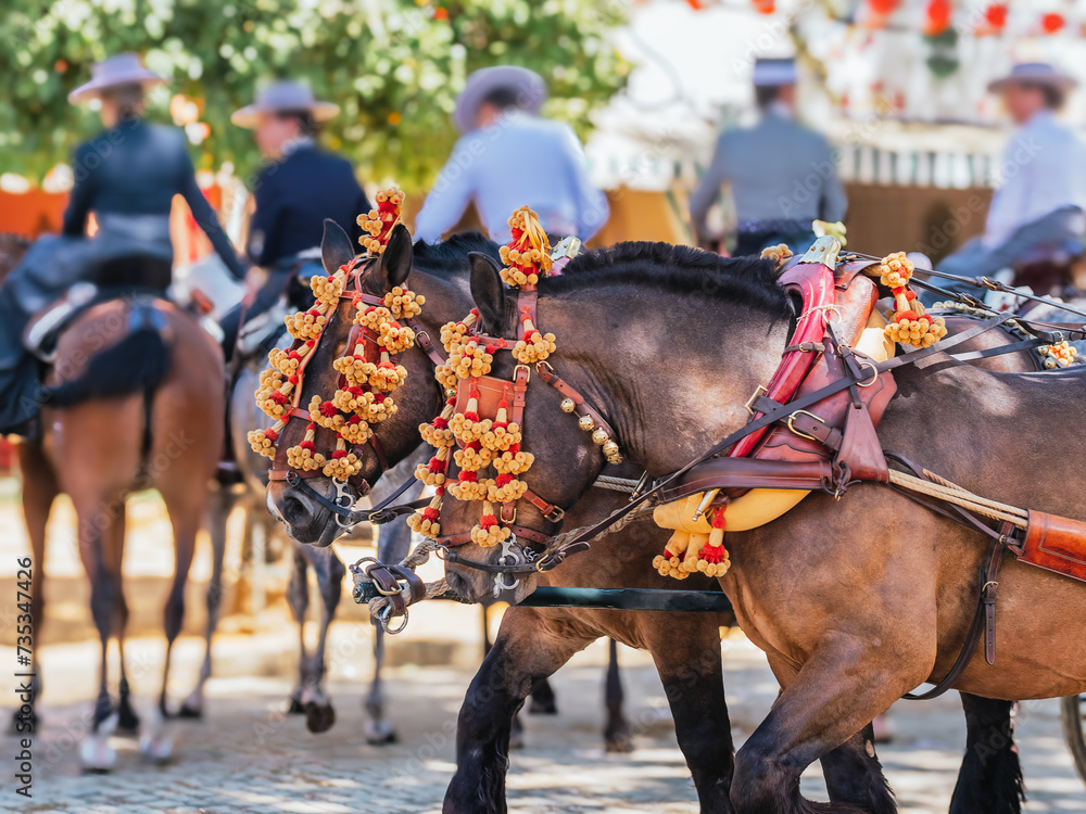Fototapeta premium Elegant Horses Adorned for Seville April Fair Celebration