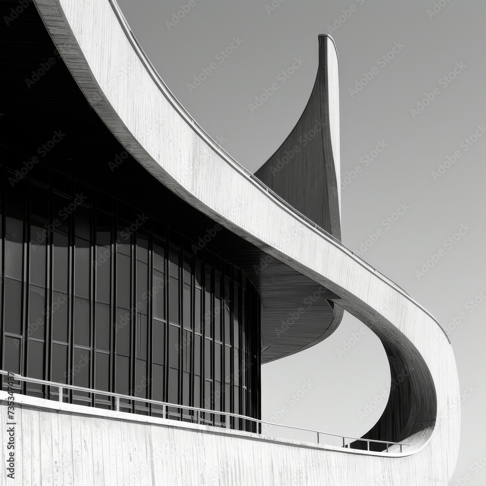 Obraz premium a black and white photo of a building with a lot of curves, in the style of punctured canvases 