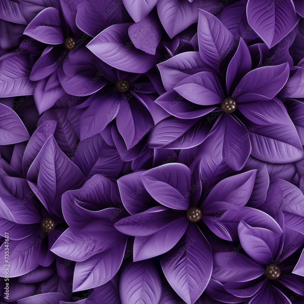 Radiant purple flower petals and lush green leaves in a serene natural environment