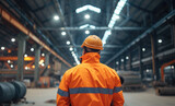 Worker engineer architect in a protective orange hat in production, warehouse, factory