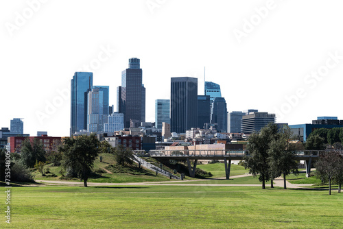 Downtown Los Angeles skyline with urban park in foreground. Isolated with cut out background.