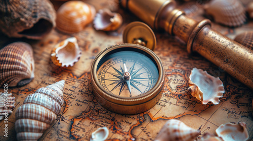 A nautical compass on an old map, surrounded by shells. Travel, new discoveries concept.