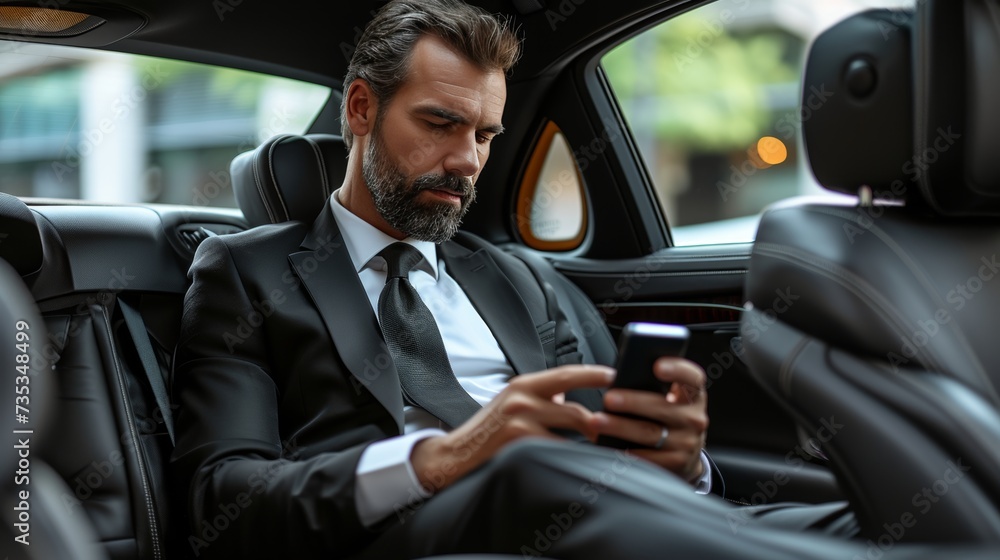 Attractive businessman texting client in luxury car, using smartphone on back seat. Attractive businessman texting client in luxury car, using smartphone on back seat.
