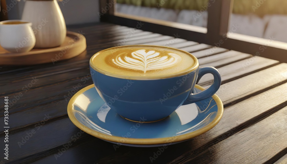 A cup of latte with a pattern of milk in the shape of a flower, on a wooden table. AI generated. A cup of latte with a pattern of milk in the shape of a flower, on a wooden table. AI generated.