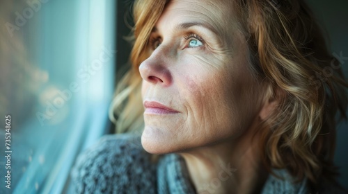 A middleaged woman with autism looking off into the distance with a pensive expression on her face. photo