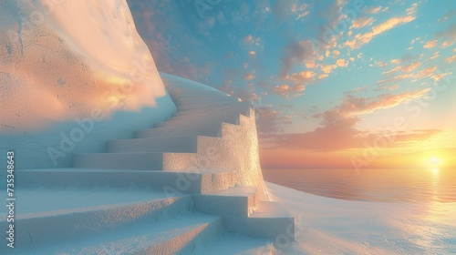 A surreal staircase rises towards the sky symbolizing the path to success and achievement in a vivid illustration. Inspiring image of striving for high goals. photo
