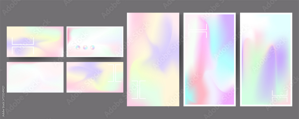 Gradient mesh cover set of backgrounds texture foil pearl shades. Abstract stylish gradient with holographic foil. 90s, 80s retro style