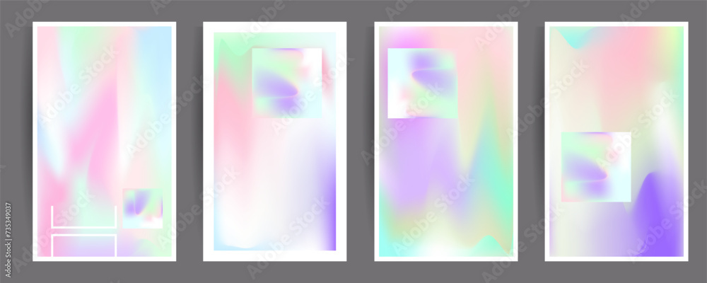 Gradient mesh cover set of backgrounds texture foil pearl shades. Abstract stylish gradient with holographic foil. 90s, 80s retro style