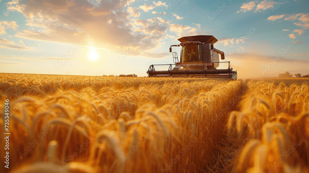 A combine harvester reaping a bountiful wheat field, efficiently harvesting crops and ushering in the season's yield. - obrazy, fototapety, plakaty 