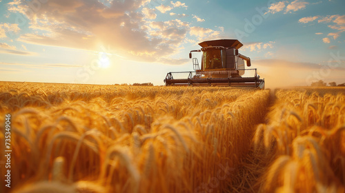 A combine harvester reaping a bountiful wheat field, efficiently harvesting crops and ushering in the season's yield. photo