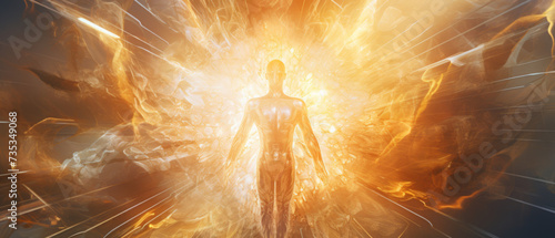 Transcendent Human Silhouette with Chakras Unfolding in a Golden Explosion of Spiritual Energy photo