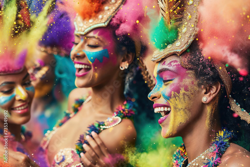A vibrant group of women adorned in colorful makeup, donning festive fashion accessories, dance and smile in the midst of a lively outdoor carnival