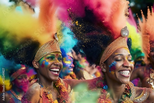 Vibrant and joyful, these festival goers adorned with colorful makeup and hair dance with exuberance, embodying the spirit of mardi gras tradition