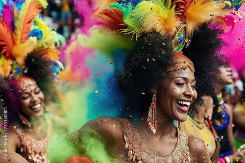 Joyful faces adorned in vibrant costumes dance to the lively rhythms of a carnival, showcasing the exuberant spirit of a mardi gras celebration