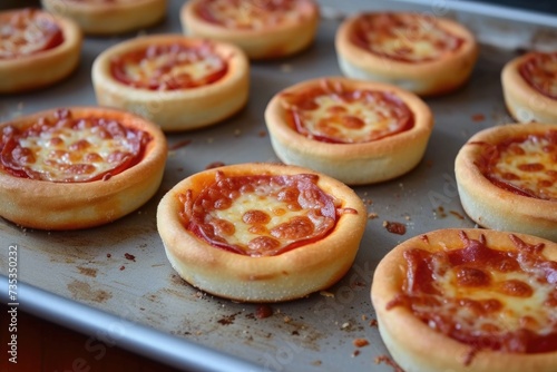 mini cheese and tomato pizzas on a baking tray