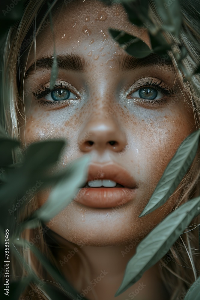 An illusory portrait of a woman artistically merges with foliage elements. Visually intriguing and organic composition of a woman's face in the forest. An illusory portrait of a woman artistically merges with foliage elements. Visually intriguing and organic composition of a woman's face in the forest.
