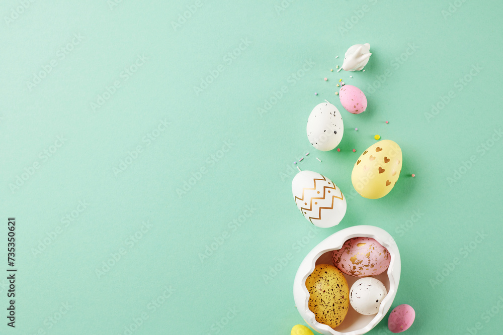 Easter mood: serenity and harmony. Top view of Easter eggs in an egg-shaped plate, sprinkles on a turquoise background with space for spring wishes or advertising slogans Easter mood: serenity and harmony. Top view of Easter eggs in an egg-shaped plate, sprinkles on a turquoise background with space for spring wishes or advertising slogans