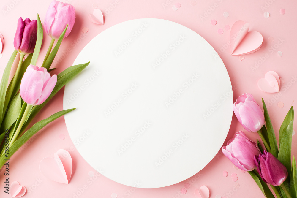 Affection's canvas: where every petal tells a story. Top view shot of vibrant tulips, delicate paper hearts on a romantic pink backdrop with blank circle loving note Affection's canvas: where every petal tells a story. Top view shot of vibrant tulips, delicate paper hearts on a romantic pink backdrop with blank circle loving note