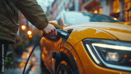 The driver of the electric car inserts the electrical connector to charge the batteries. Unrecognizable man attaching power cable to electric car. © Werckmeister