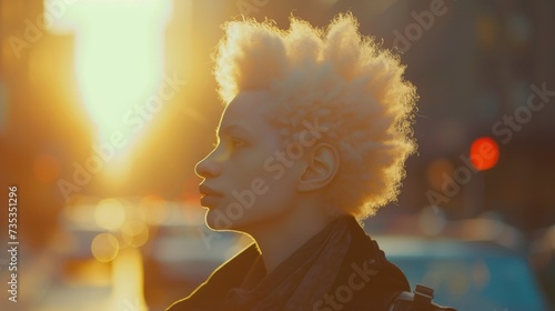 Amidst the bright sunlight on the bustling street, a human face with a portrait-like quality stands out, adorned with striking white hair and clothing, exuding a sense of grace and poise in the outdo photo