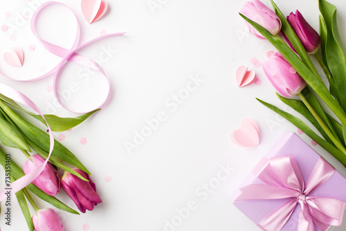 International Women's Day: a salute to her story. Top view shot of graceful tulips, a chic gift, and tender paper hearts on a soft pink background with space for congratulations