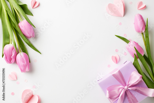 Women's Day: Petals and presents in harmony. Top view photo of blooming pink tulips, a purple gift box with a delicate ribbon, and playful confetti on white backdrop with space for celebratory words photo