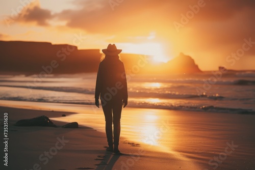 As the sun sets over the ocean, a man stands on the beach, backlit by the warm glow of the sky, embracing the peacefulness of nature