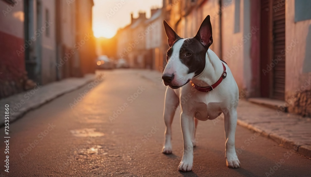 Bull terrier, dog at dawn, purebred dog in nature, happy dog, beautiful dog