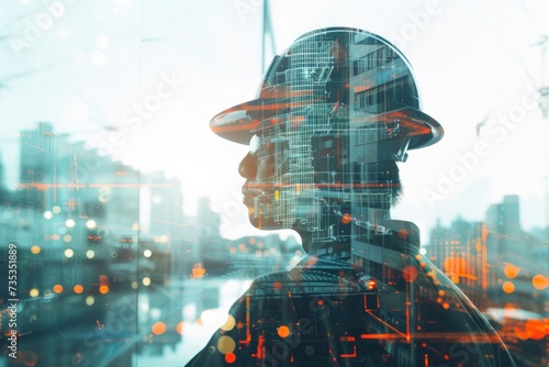 Double exposure construction engineer working with modern technology.