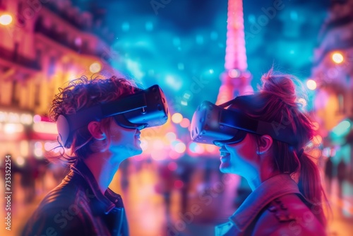 Two women immersed in a digital world, their faces illuminated by the glowing street lights, dressed in fashionable attire, experiencing the thrill of the night through virtual reality goggles