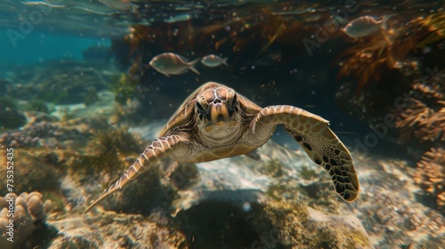 Curious Sea Turtle Swimming Through Crystal-Clear Waters AI Generated