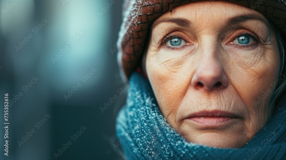 A middleaged woman stares straight ahead her eyes glistening with tears as she recalls the atrocities she has witnessed. - obrazy, fototapety, plakaty 