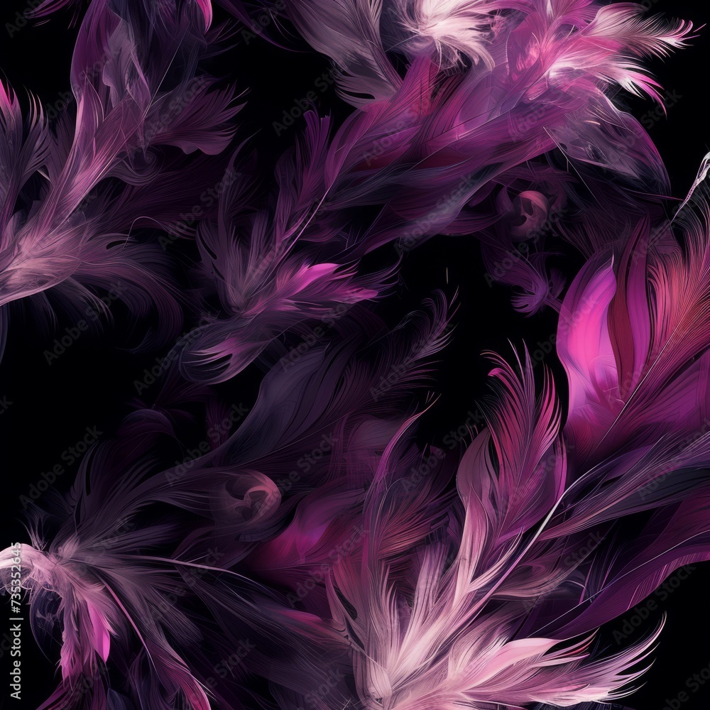 Fototapeta premium a a black background with purple and white feathers 