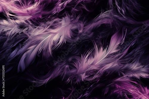 a a black background with purple and white feathers 