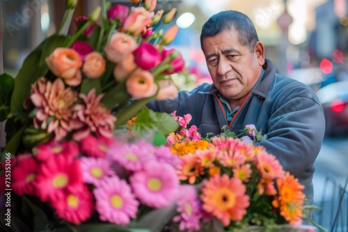 A man's love for nature blooms as he delicately arranges a vibrant bouquet of fresh cut flowers, showcasing his passion for floristry amidst a backdrop of colorful annual plants in an outdoor shop © ChaoticMind